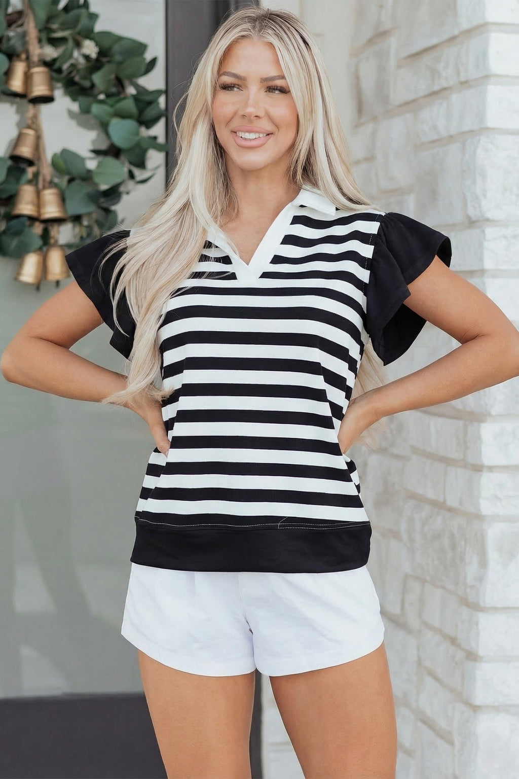 Stripe Collar V-Neck Ruffle Short Sleeve Blouse
