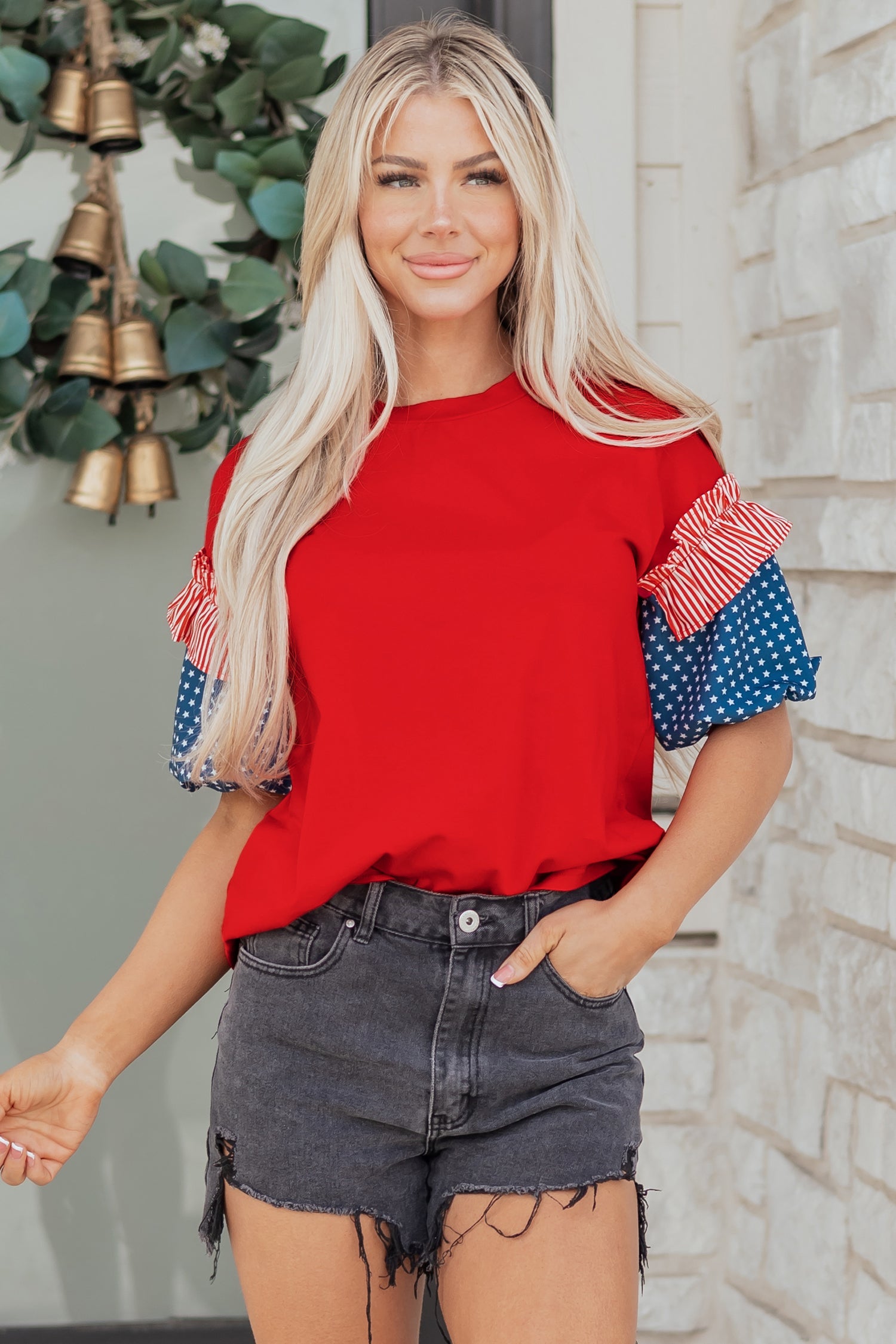 Stars & Stripe Patchwork Short Puff Sleeve Top