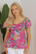 Floral Sweetheart Neck Flutter Sleeve Blouse