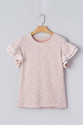 Stripe Lace Ruffle Short Sleeve Twill Blouse