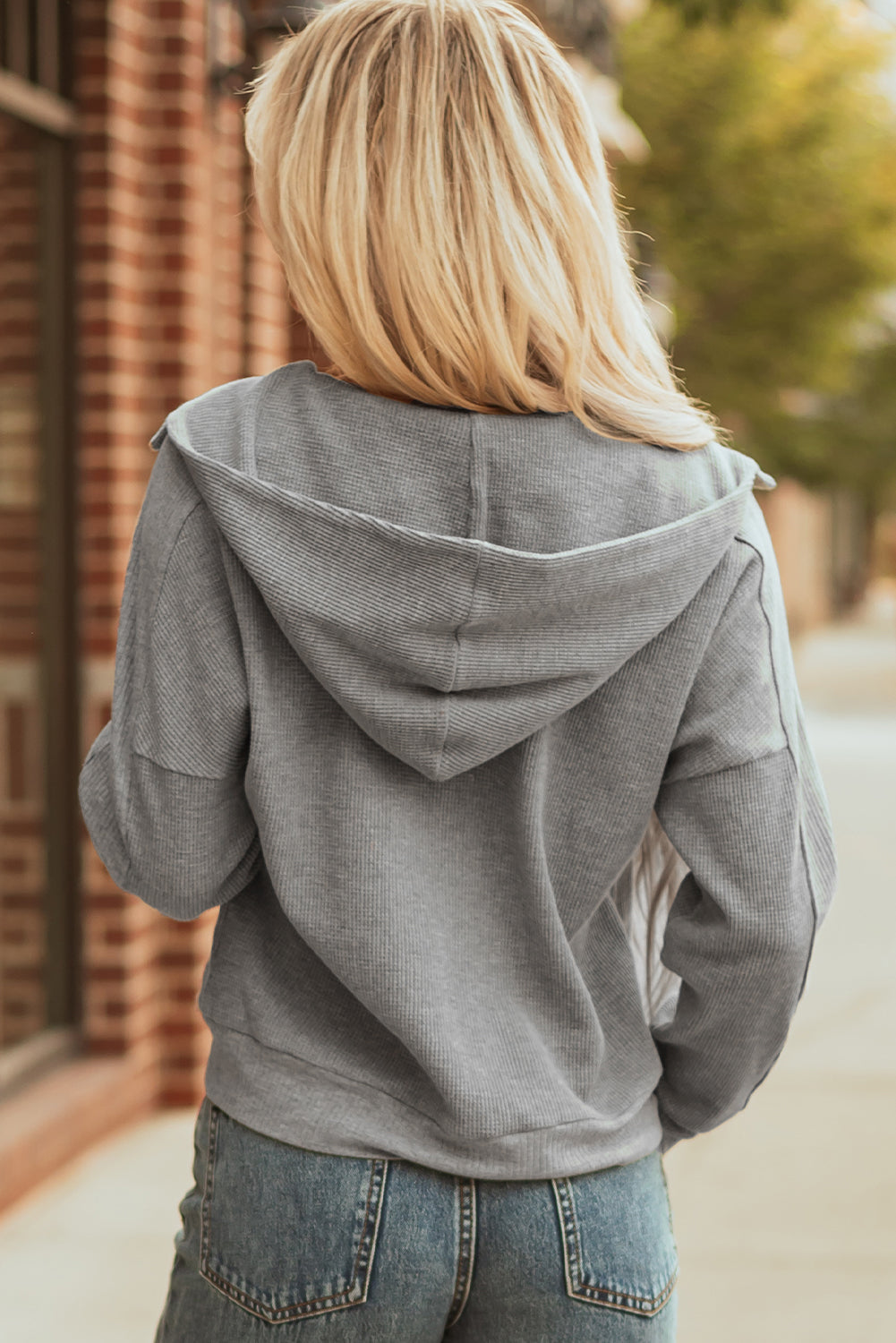 Waffle Zip Up Snap Button Hooded Jacket