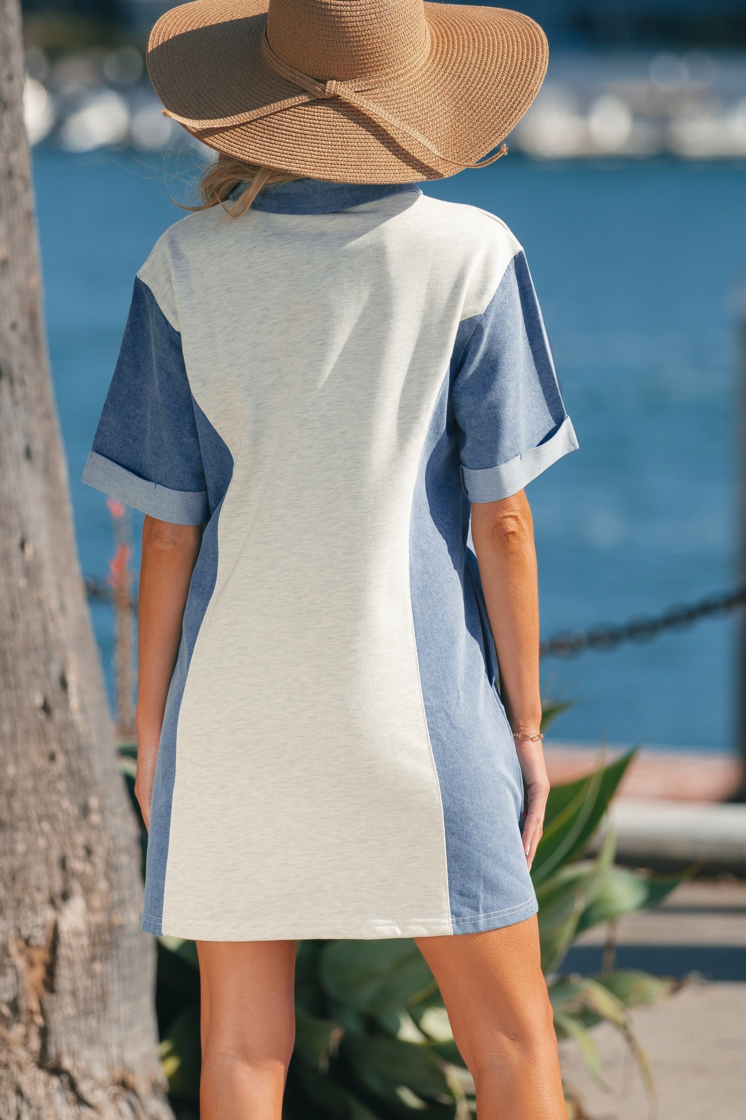 Colorblock Denim Patchwork Polo Collar Tunic Dress