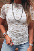 Floral Mesh Mock Neck Short Sleeve Top