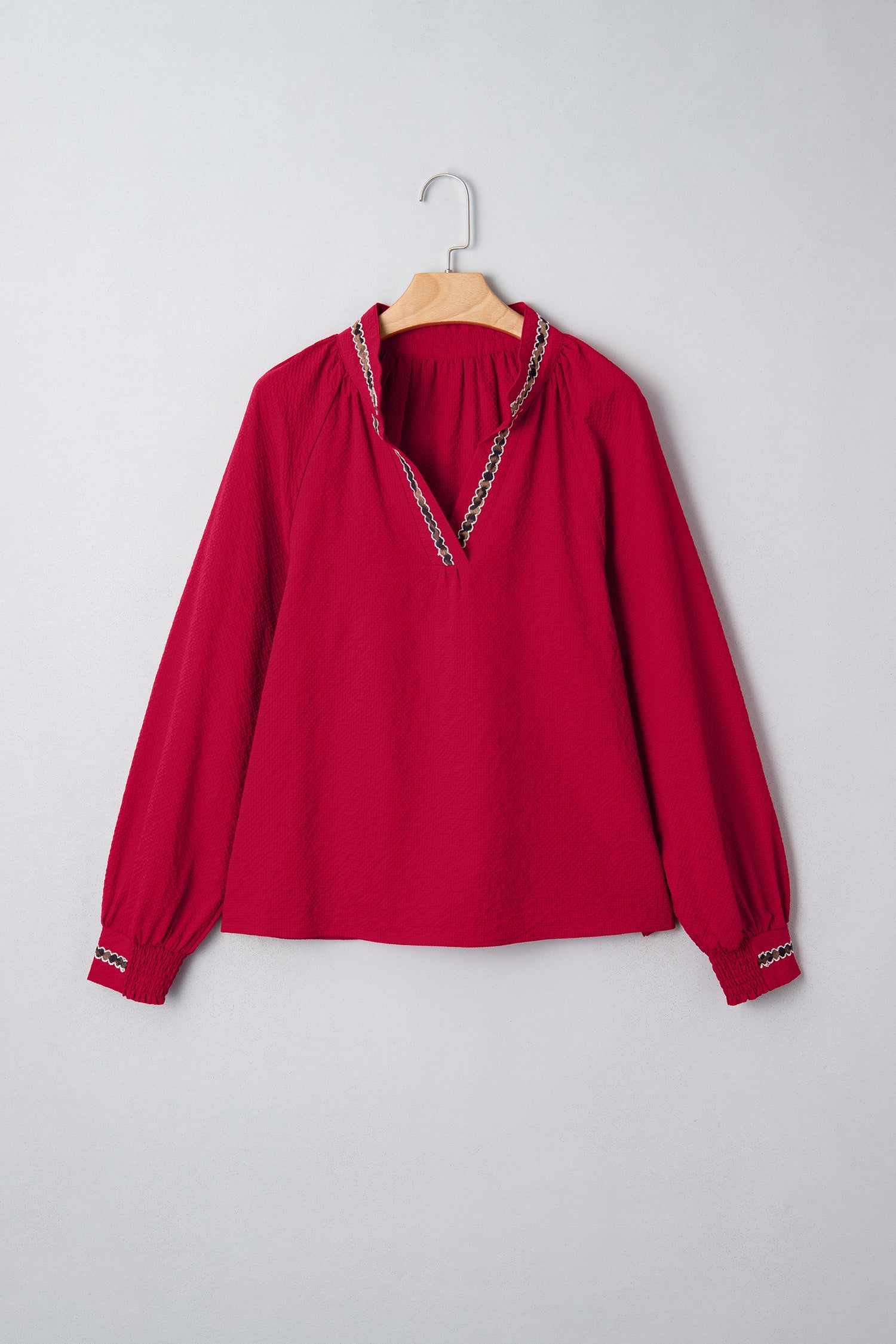 Leopard Contrast Trim V-Neck Long Sleeve Blouse