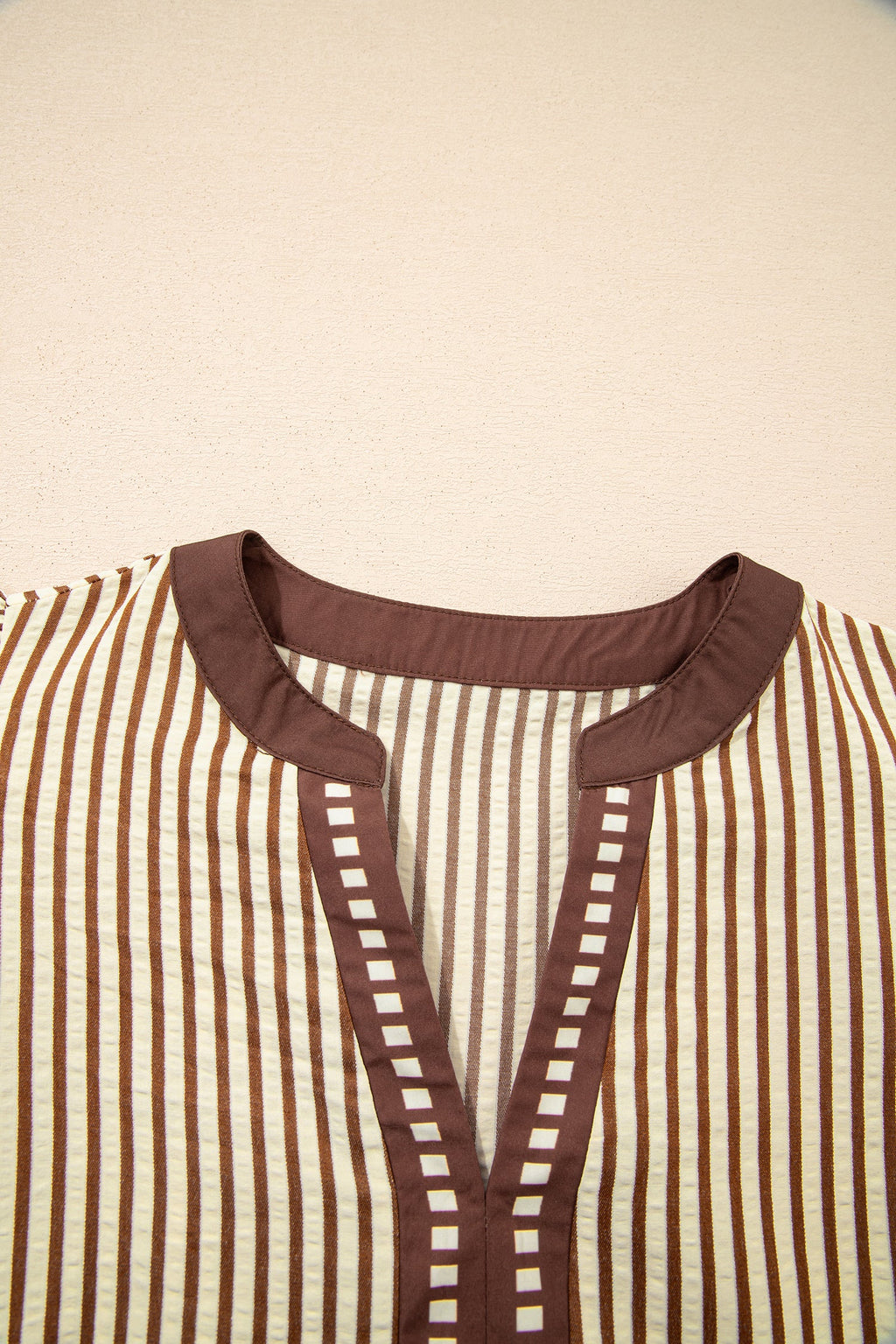 Stripe Ruffle Short Sleeve V-Neck Midi Dress