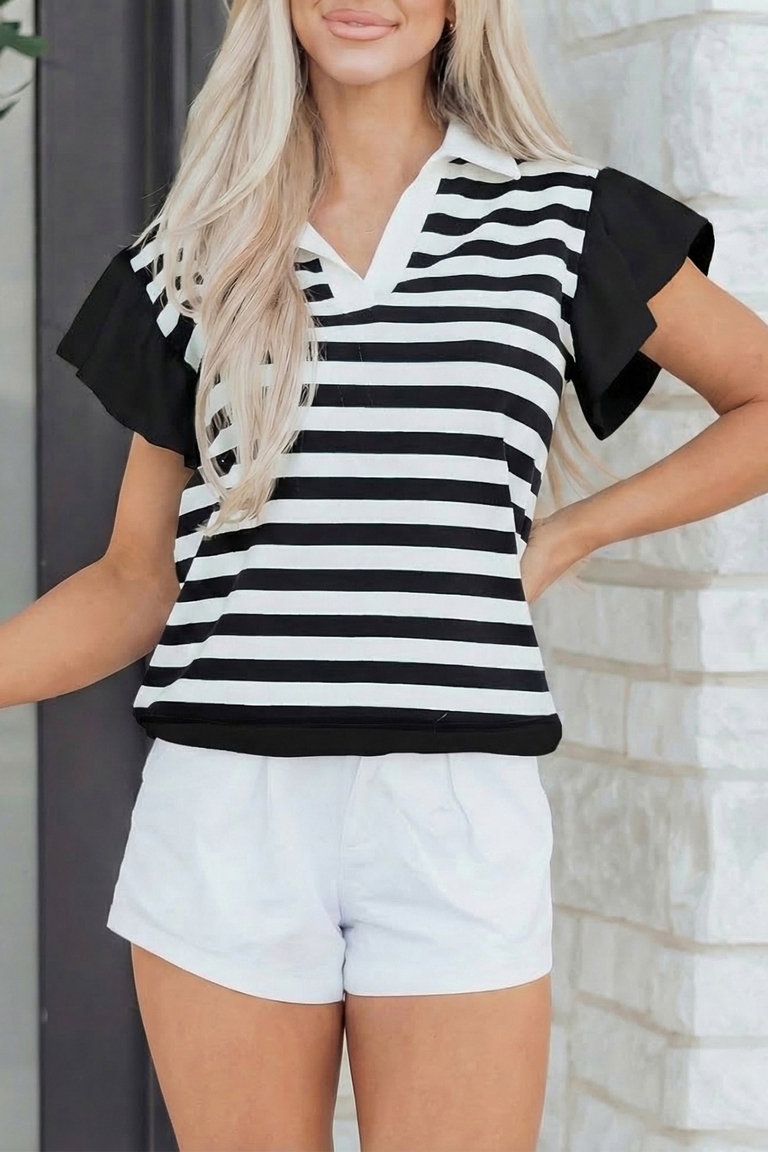 Stripe Collar V-Neck Ruffle Short Sleeve Blouse