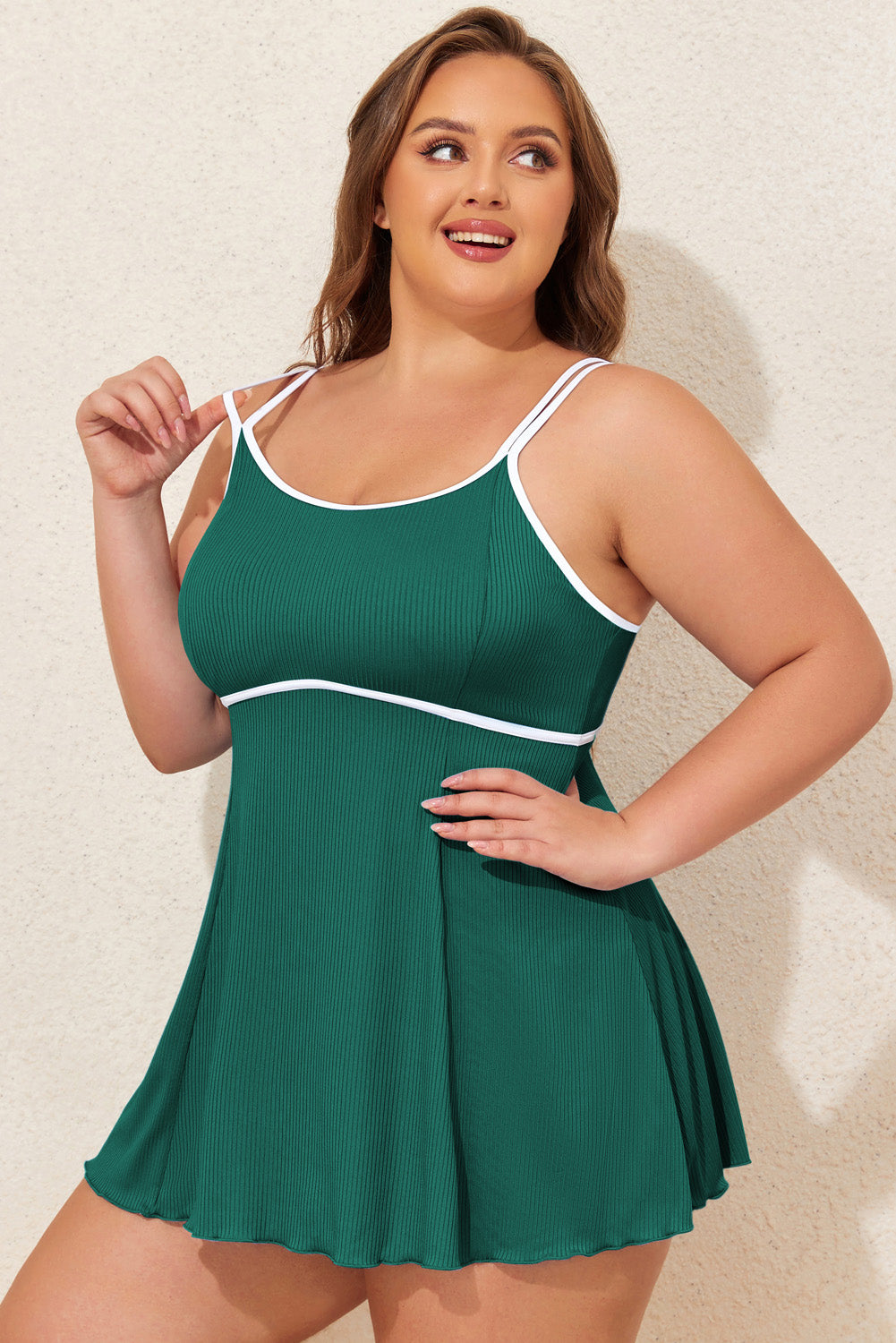Plus Size Ribbed Contrast Trim Tankini Swimsuit Set