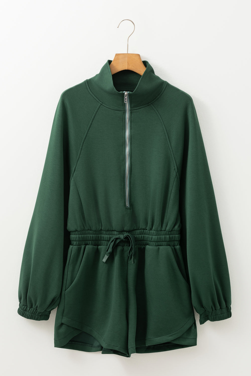 Solid Half-Zip Collar French Terry Drawstring Romper