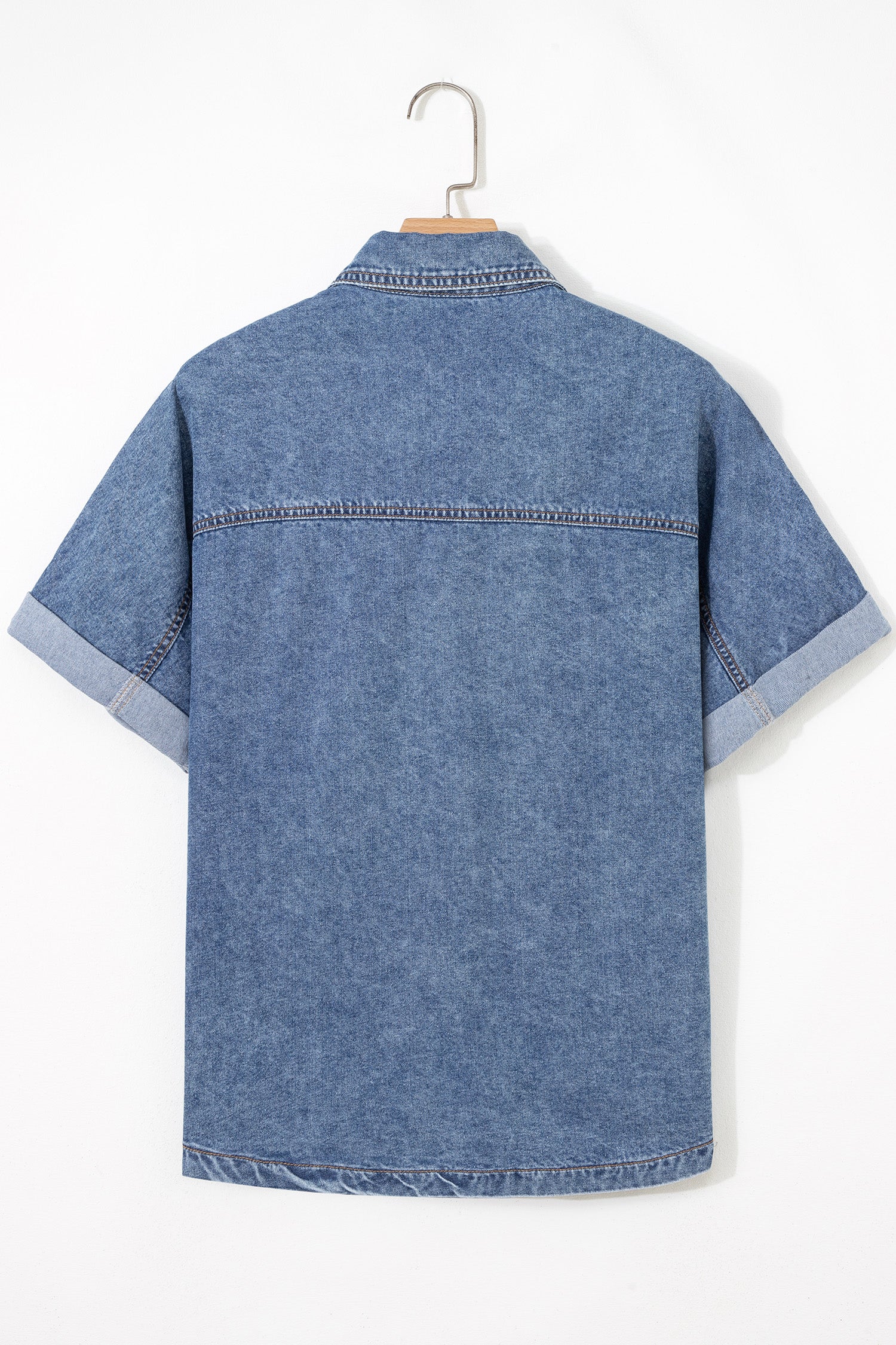 Denim Buttoned Flap Pocket Cuffed Short Sleeve Shirt