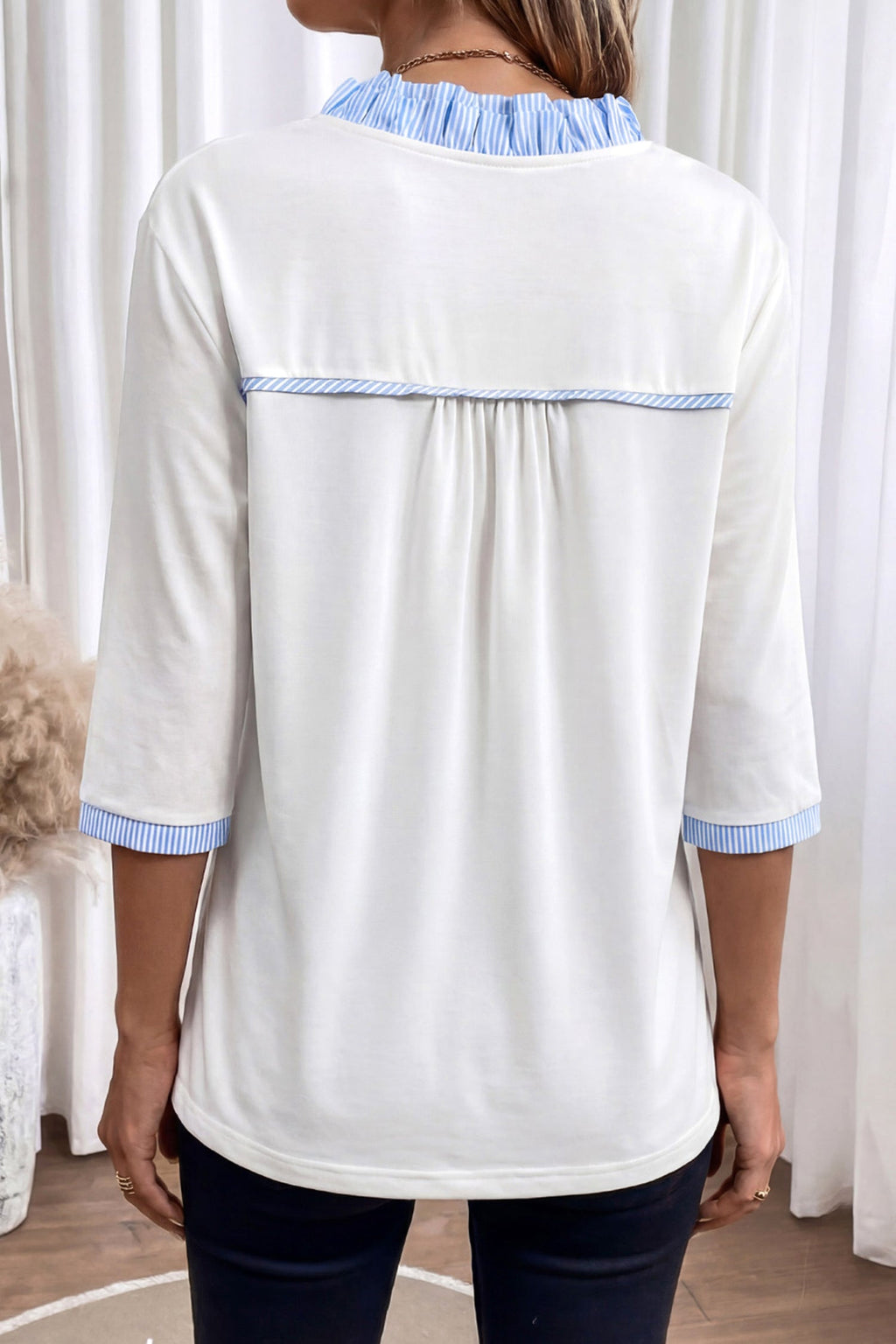 Stripe Patchwork Frilled V-Neck 3/4 Sleeve Blouse