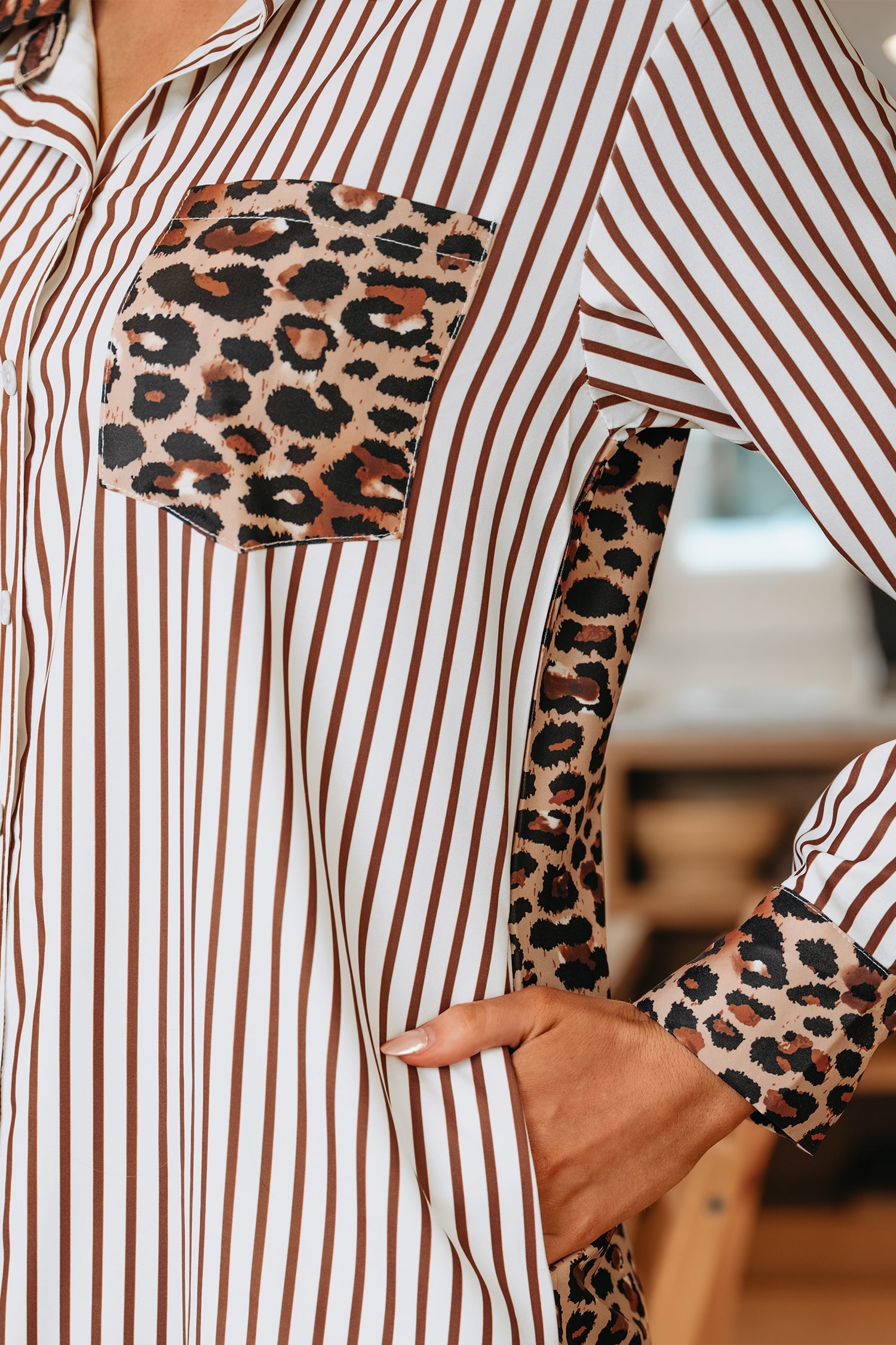 Leopard Patchwork Stripe Shirt Dress with Slits