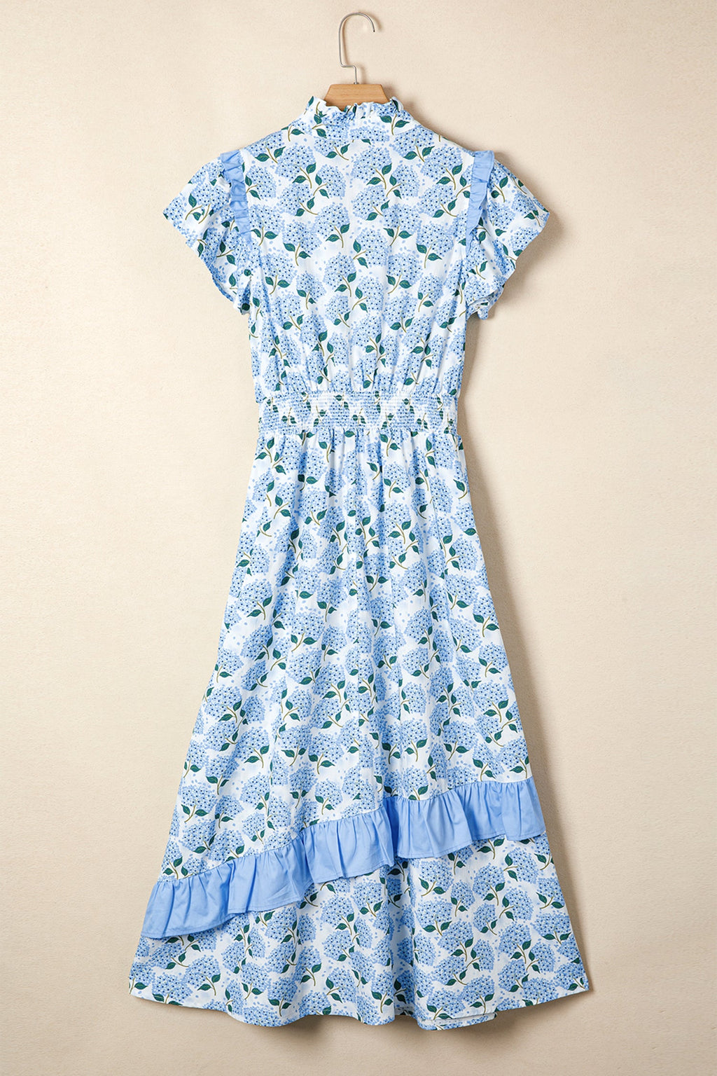 Floral Hydrangea Ruffle Trim Flutter Sleeve Maxi Dress
