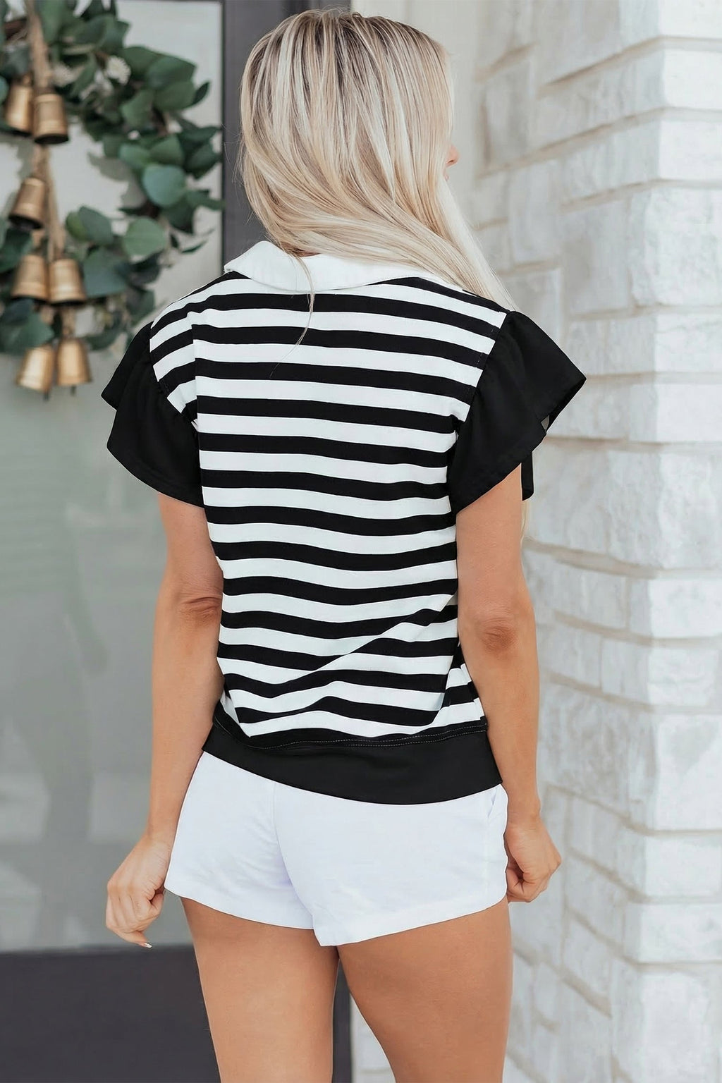 Stripe Collar V-Neck Ruffle Short Sleeve Blouse