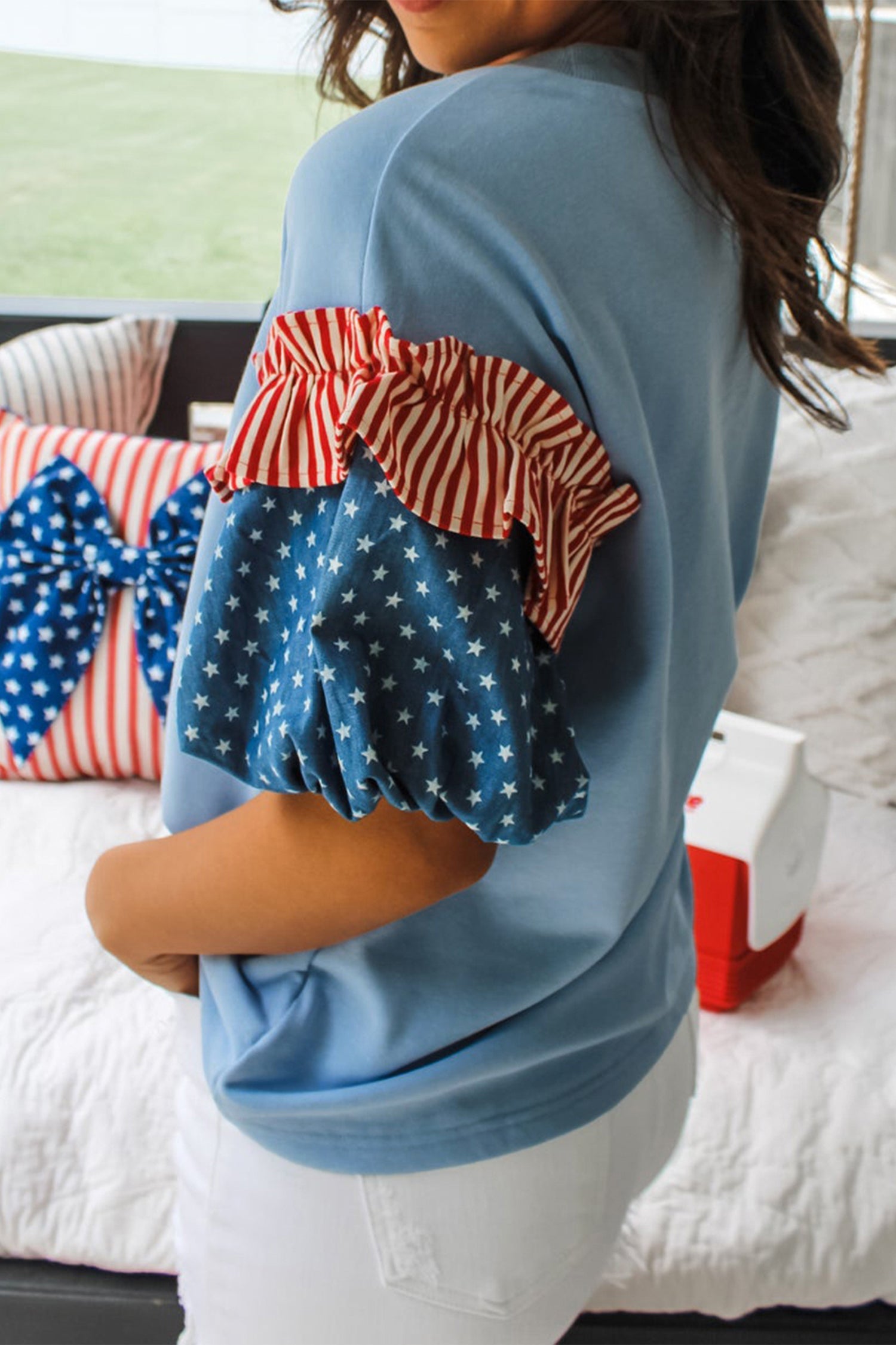 Stars & Stripe Patchwork Short Puff Sleeve Top