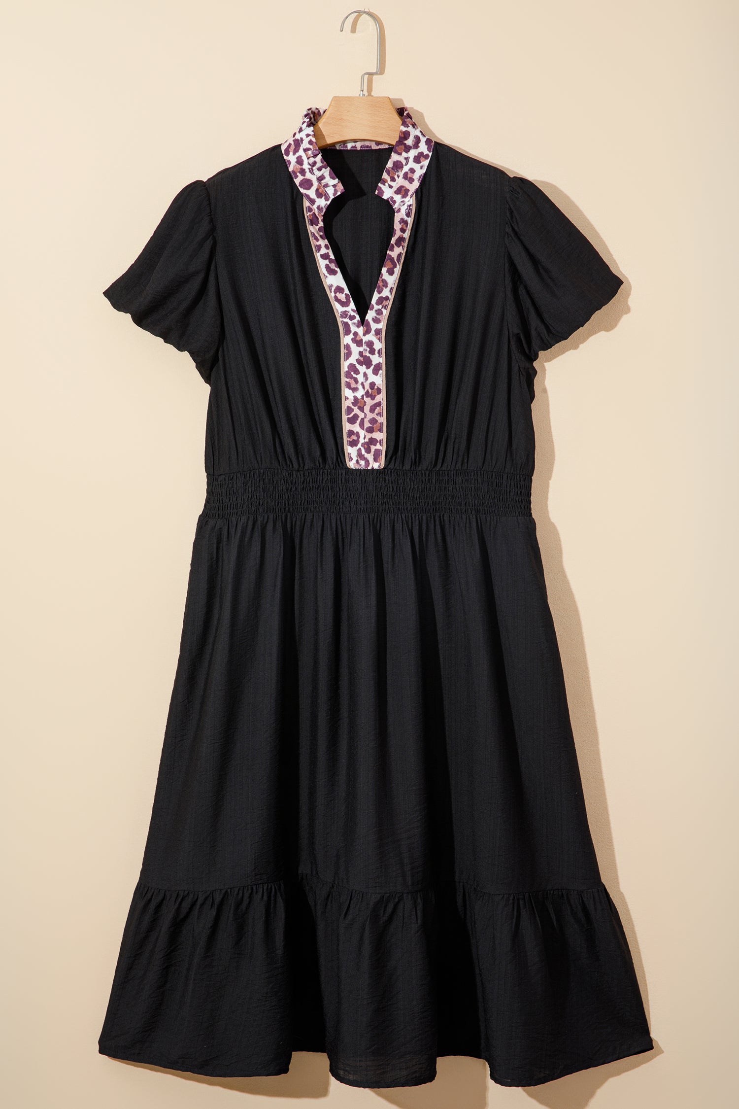 Plus Size Leopard Ruffle V-Neck Smocked Waist Dress