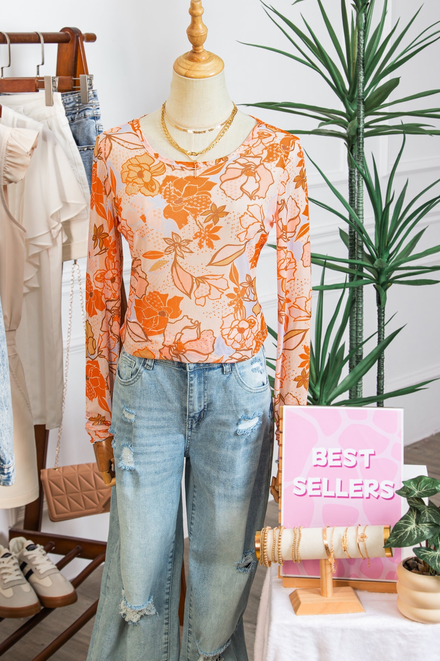 Floral Mesh Lettuce Trim Long Sleeve Top