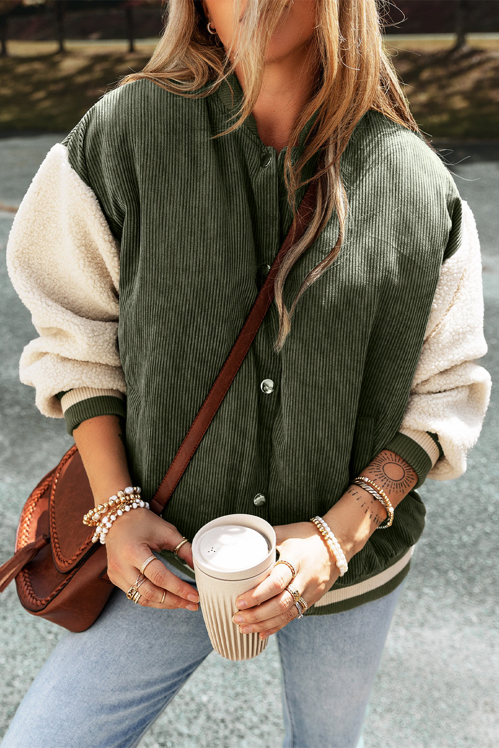 Colorblock Corduroy Fleece Patchwork Button-Up Bomber Jacket