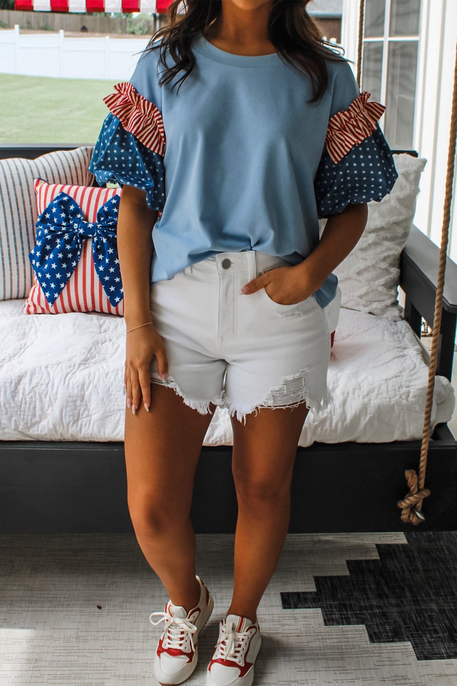 Stars & Stripe Patchwork Short Puff Sleeve Top