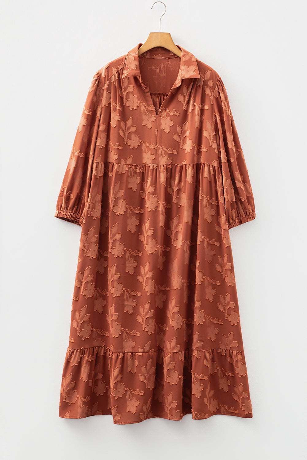 Plus Size Floral Ruffle Hem 3/4 Sleeve Maxi Dress
