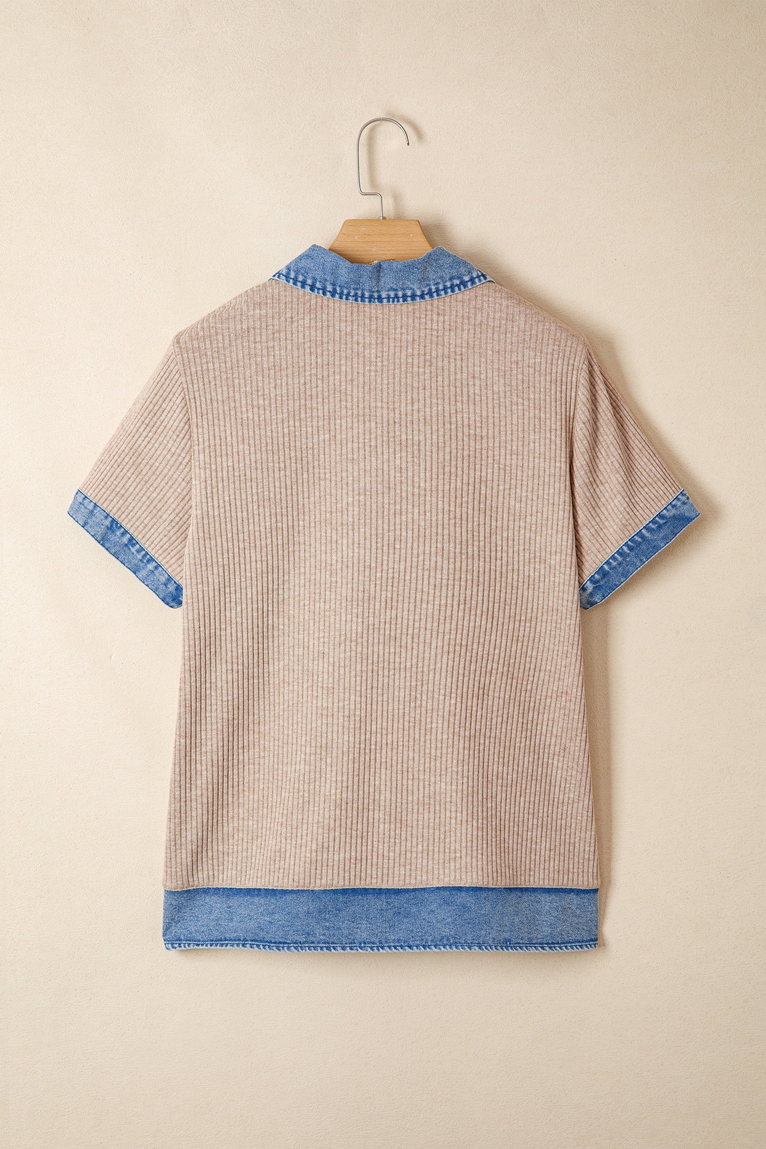 Beige Ribbed Denim Collar Blouse RTS