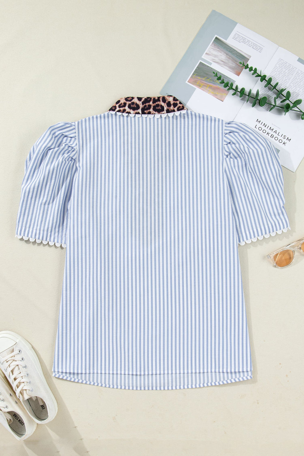 Plus Size Leopard Collar Stripe Bubble Sleeve Blouse