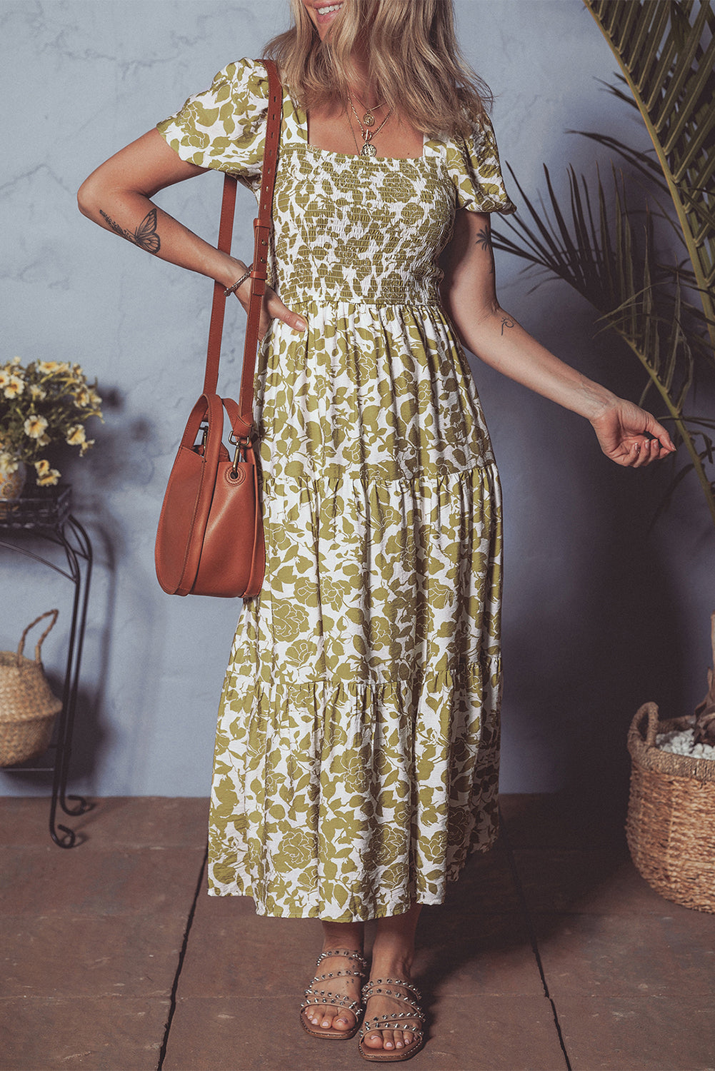 Boho Floral Smocked Square Neck Puff Sleeve Dress
