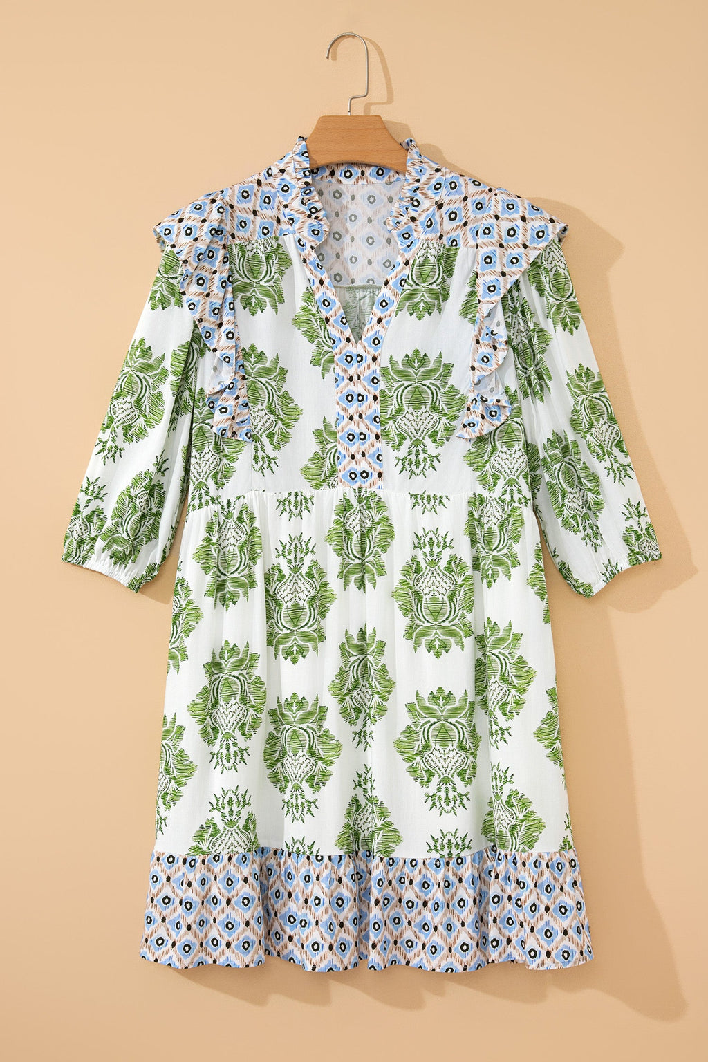 Floral Patchwork Ruffle 3/4 Sleeve Mini Dress