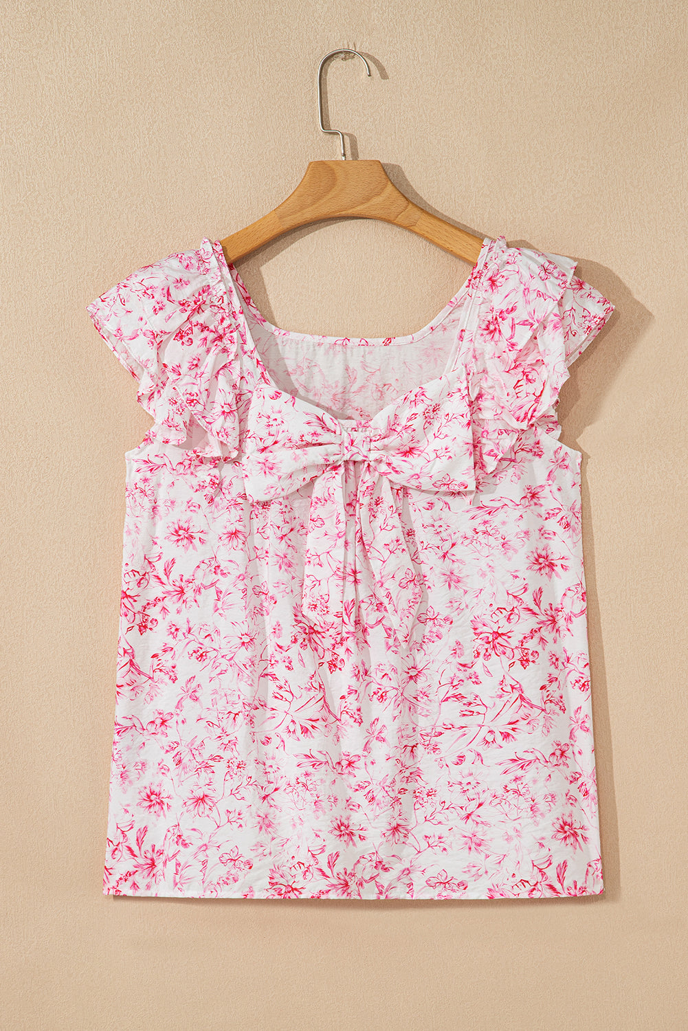 Floral Bow-Back Square Neck Ruffle Sleeve Blouse