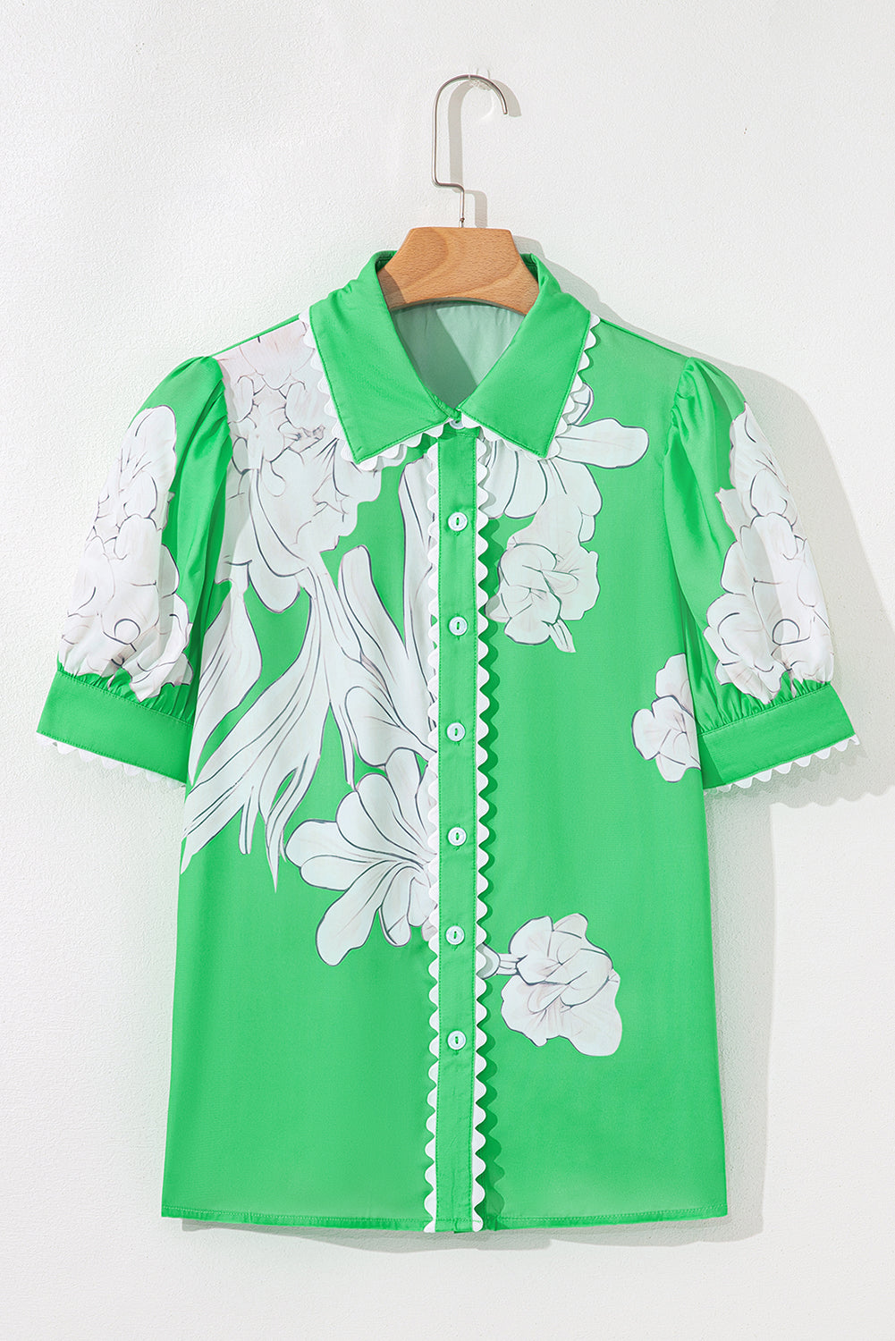 Floral Ricrac Trim Puff Sleeve Buttoned Shirt