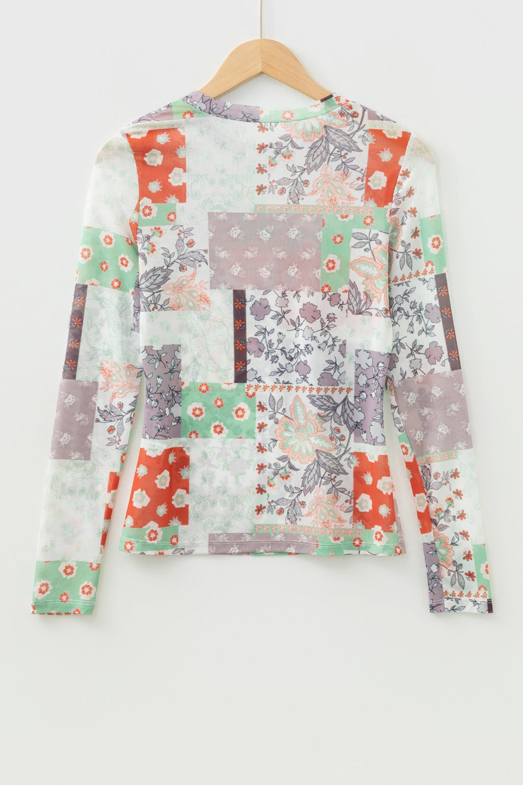 Floral Patchwork Mesh Mock Neck Long Sleeve Top