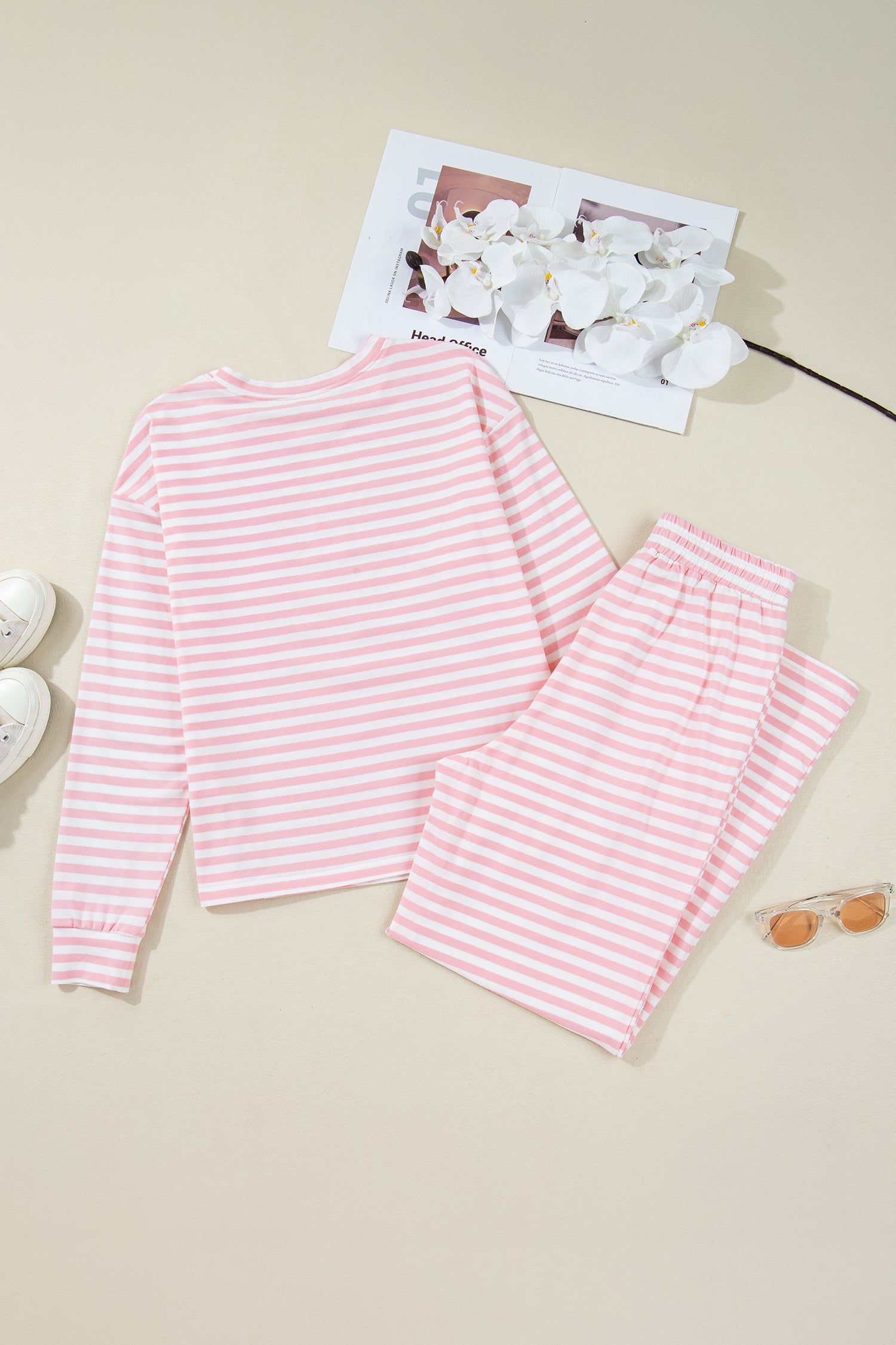 Stripe Drop Shoulder Top & Buttoned Pants Set