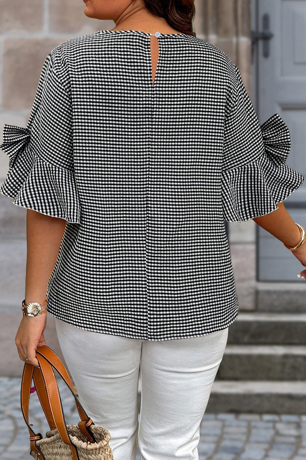 Plus Size Gingham Bow Ruffle Sleeve Top