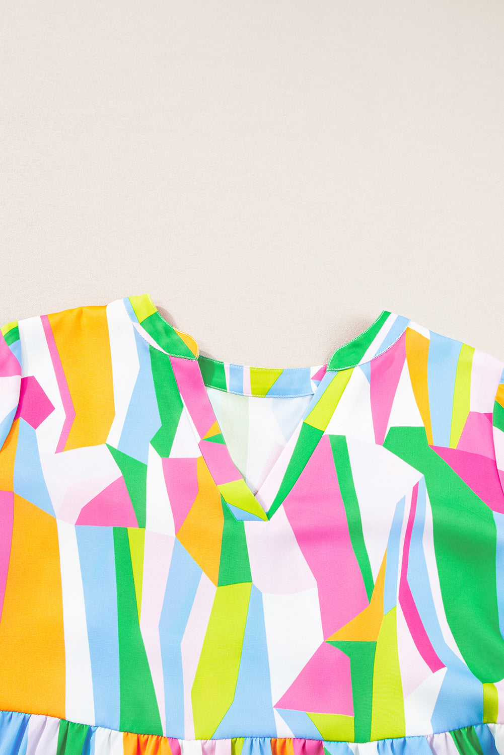 Abstract Ruffle Sleeve Notched V-Neck Dress