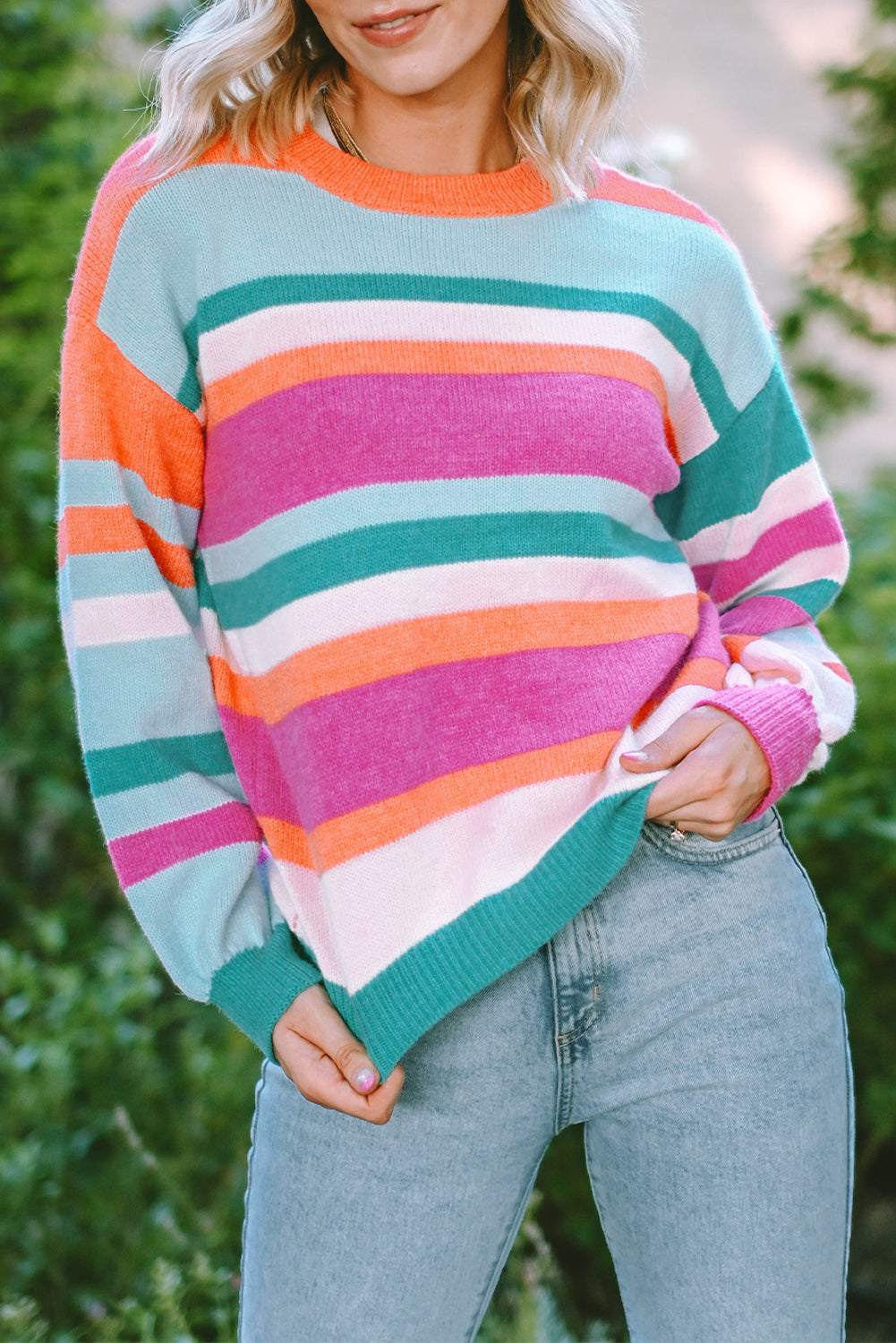 Stripe Knit Drop Shoulder Puff Sleeve Sweater
