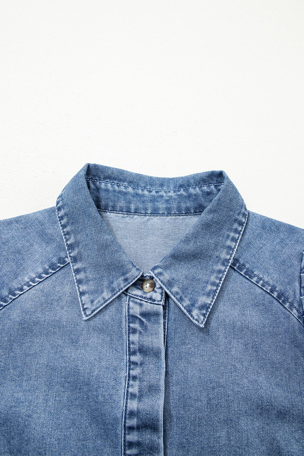 Solid Denim 3/4 Puff Sleeve Collared Shirt