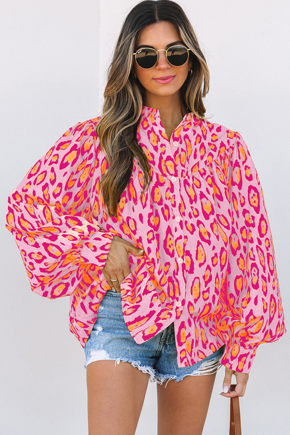 Leopard Balloon Sleeve Button-Up Shirt