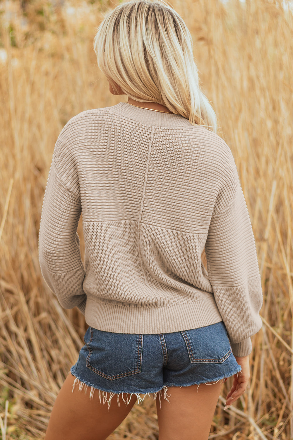 Ribbed Patchwork Textured Knit Puff Sleeve Sweater