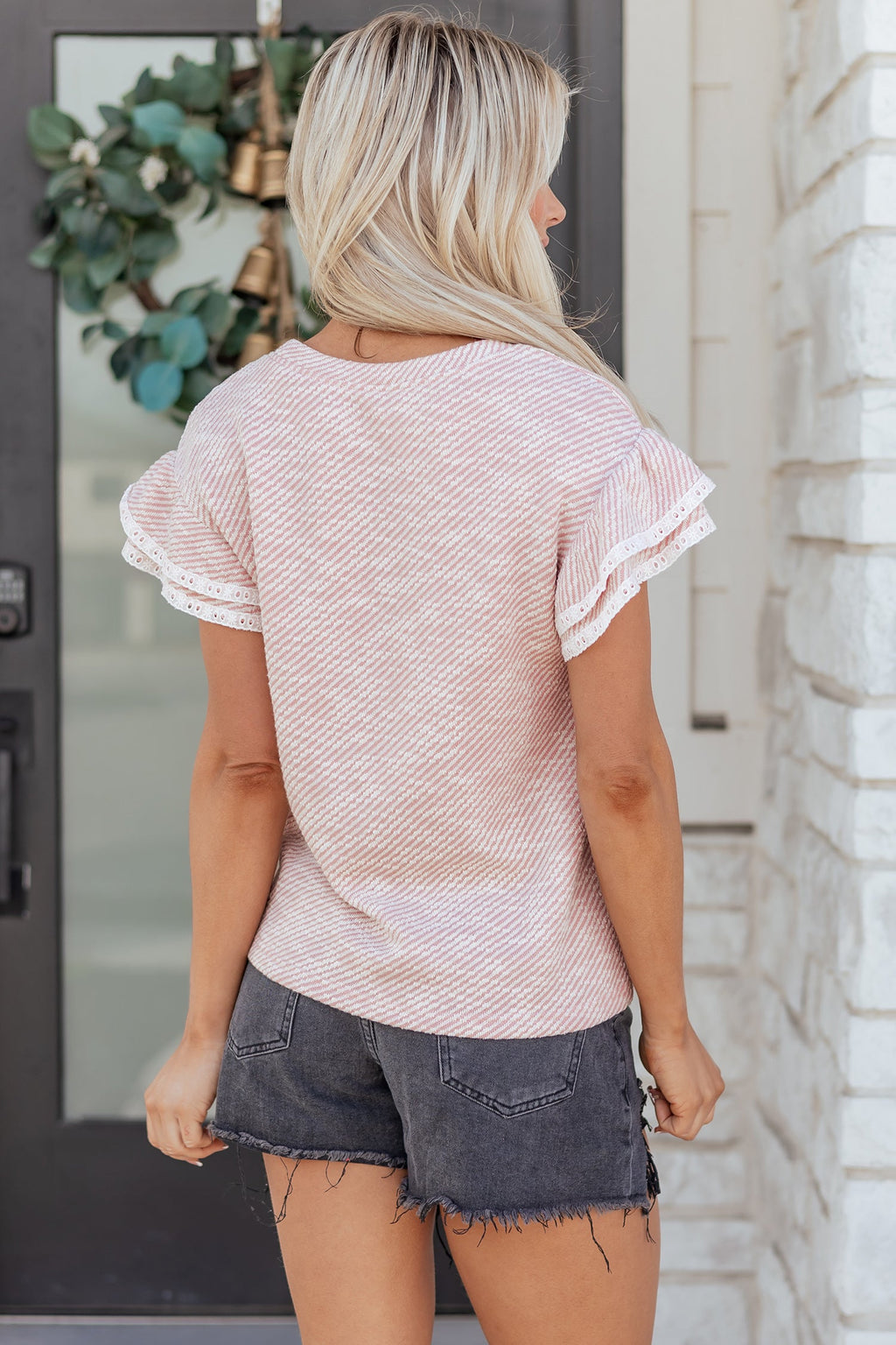 Stripe Lace Ruffle Short Sleeve Twill Blouse
