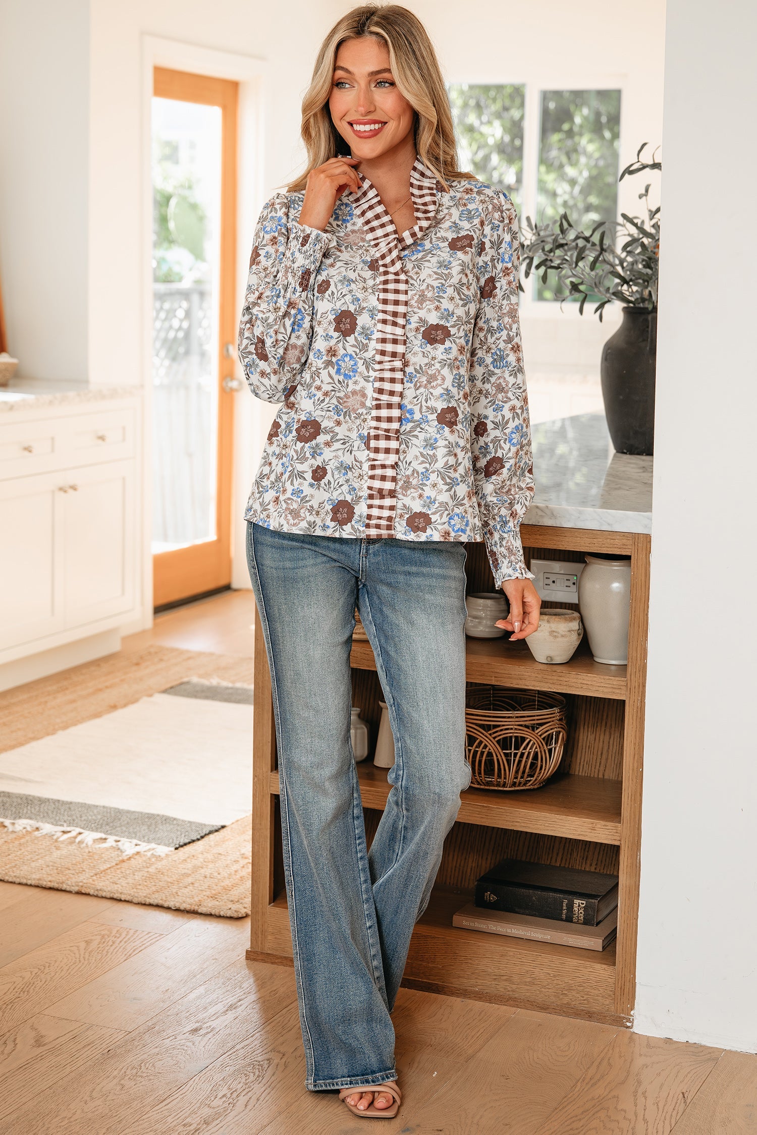 Floral Plaid Frilled Trim Long Sleeve Blouse