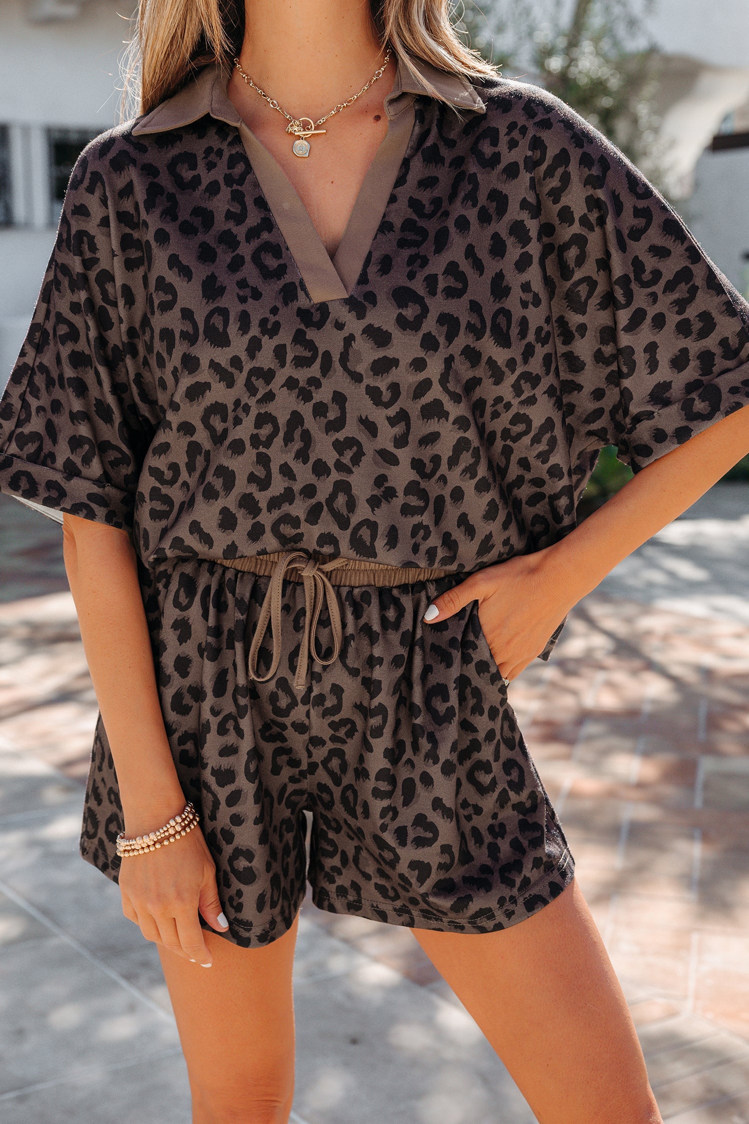 Leopard Collared V-Neck Top & Shorts Set