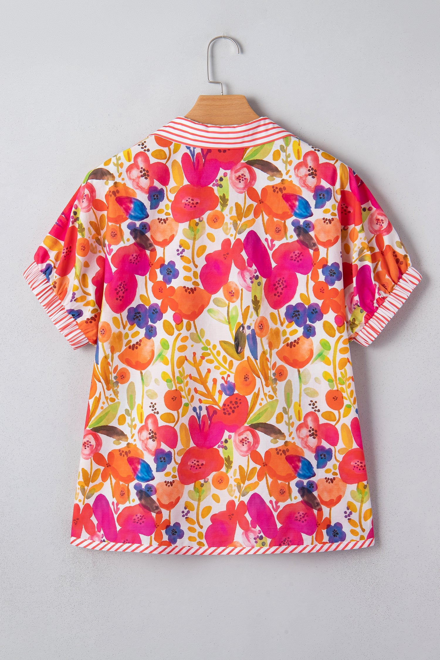 Floral Stripe Trim Collared V-Neck Blouse