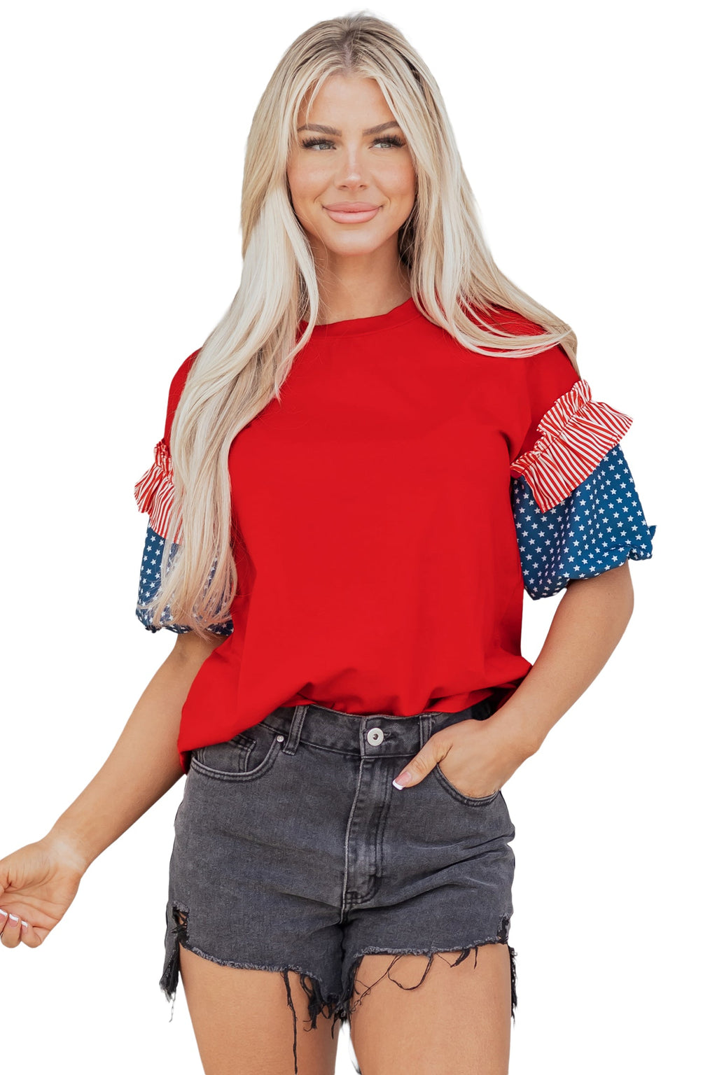 Stars & Stripe Patchwork Short Puff Sleeve Top