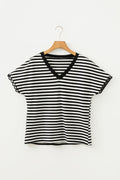 Stripe V-Neck Lace Trim Short Sleeve Tee