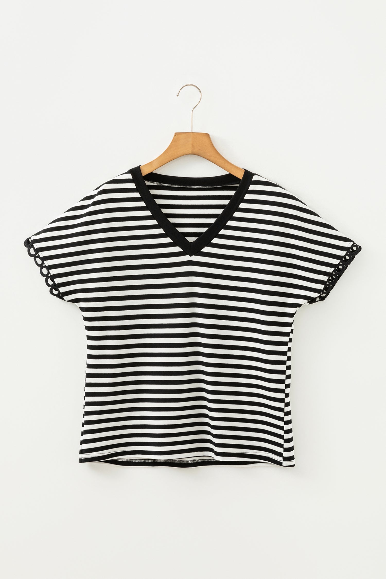 Stripe V-Neck Lace Trim Short Sleeve Tee