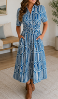Blue Geometric Drawstring Dress