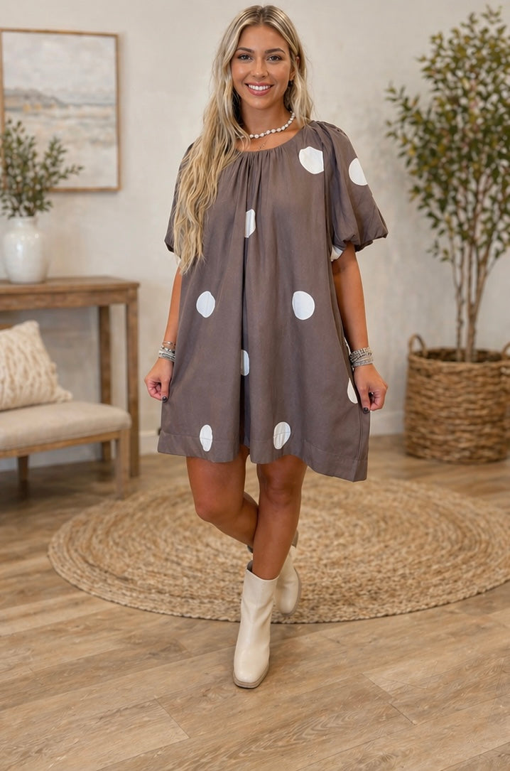 Brown Polka Dot Knot Back Mini Dress RTS