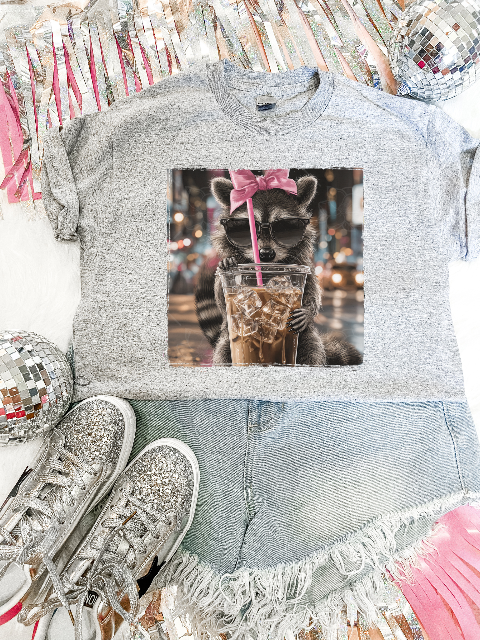 Raccoon Iced Coffee W/Bow Tee SUB DEAL - Multiple Styles