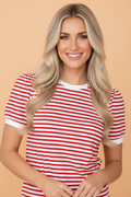 Stripe Contrast Trim Round Neck Puff Sleeve T-Shirt