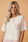 Floral Patchwork Chest Pocket Wide Sleeve T-Shirt