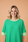 Colorblock Corded Knit Uneven Hem T-Shirt
